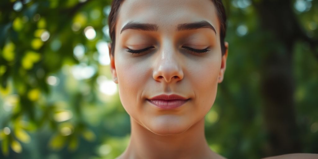Person meditating peacefully in a serene natural setting.