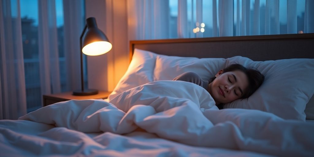 Peaceful bedroom, soft lighting, calm sleep.