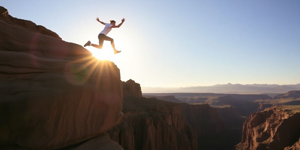 Person leaping over chasm at sunrise.