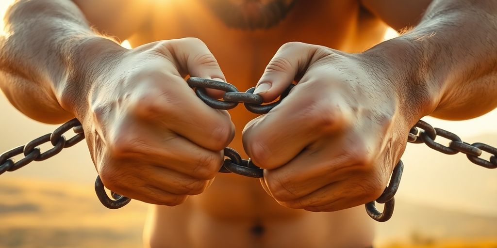 Person breaking chains, bright light behind.