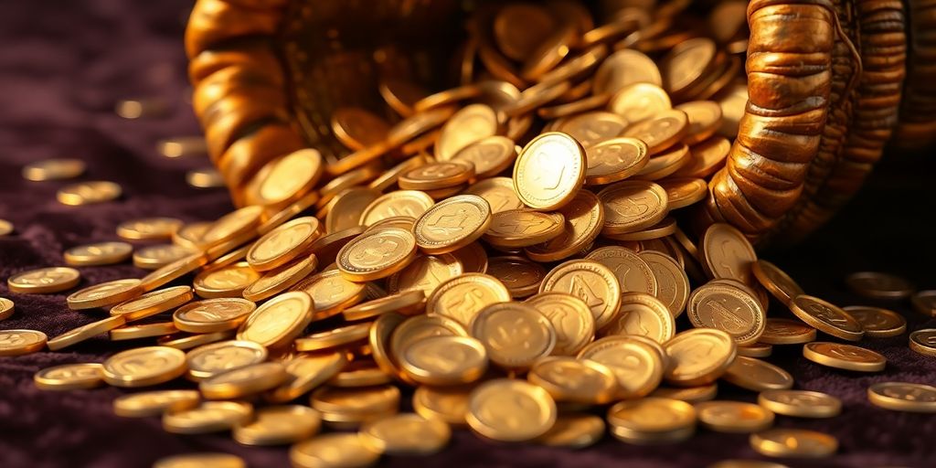 Golden coins spilling from a cornucopia.