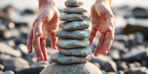 Person's hands stacking smooth, perfectly balanced stones.
