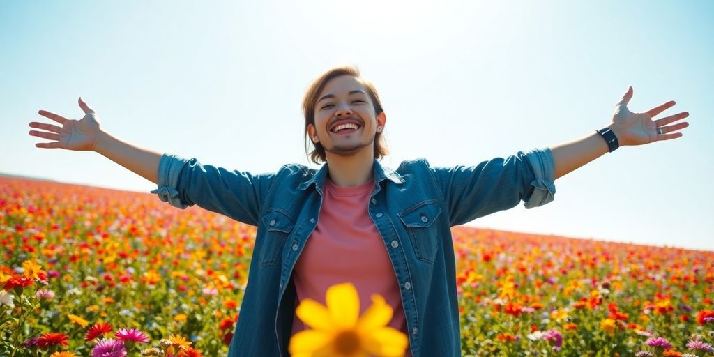 Sunny field, blooming flowers, joyful person, bright sky.