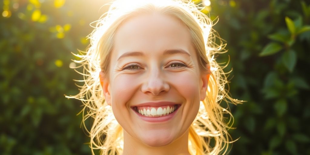 Person beaming with joyful expression outdoors.