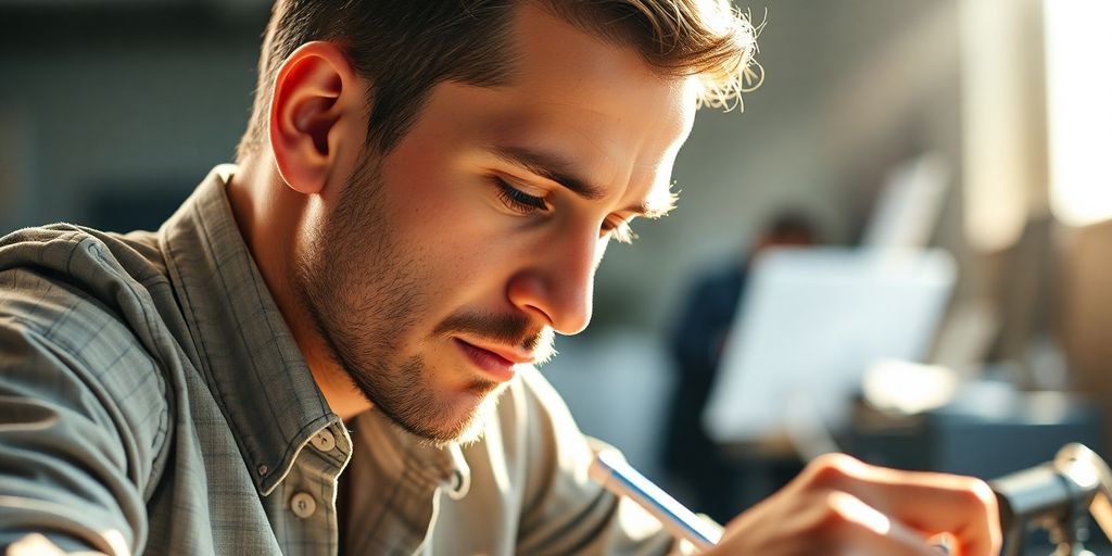 Person concentrating intensely on a task.