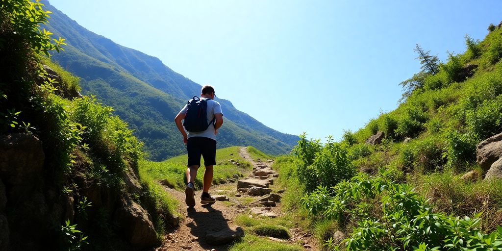 Person ascending a vibrant, sunlit mountain path.