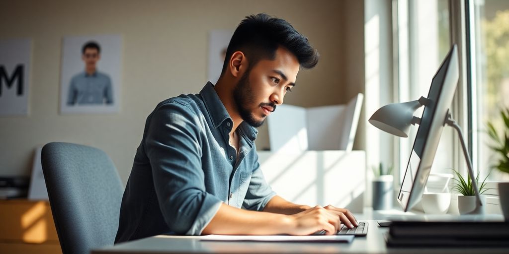 Person focused on tasks at a bright, organized desk.