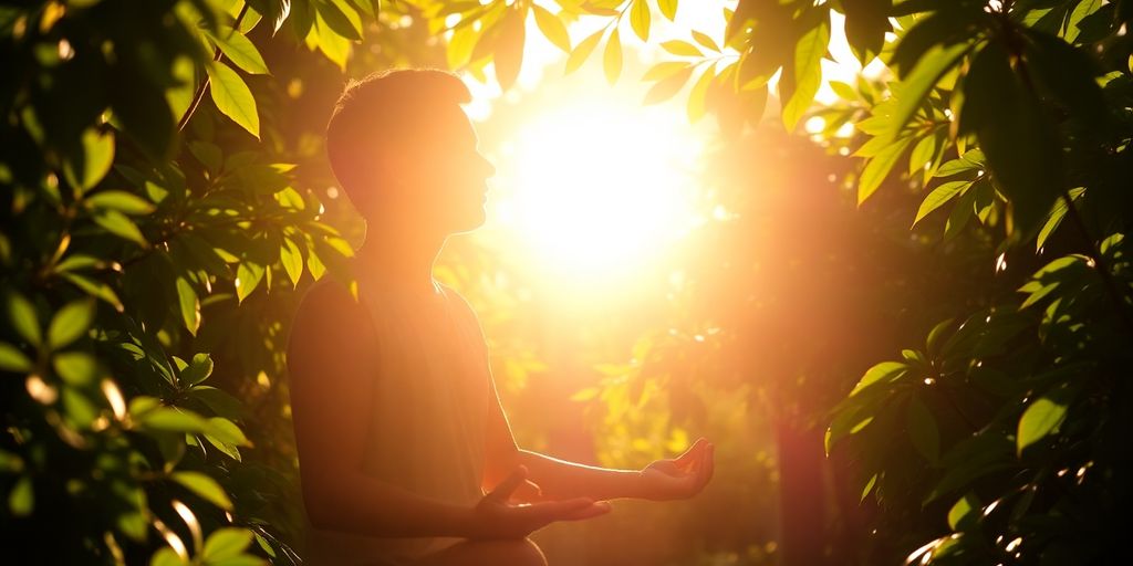 Person meditating peacefully outdoors.