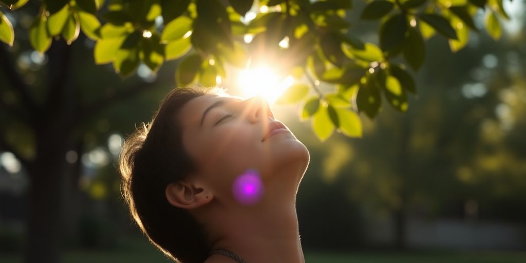 Person relaxing outdoors with eyes closed.