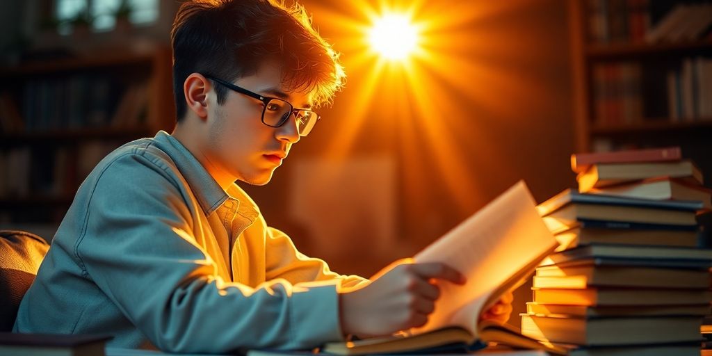 Student focused on books with bright light above.