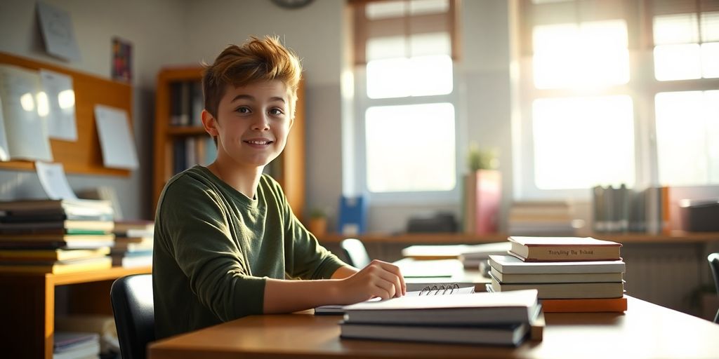 Student feeling motivated studying at a desk.