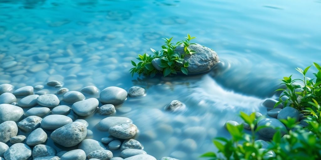 Calm pebbles and stream in serene green and blue tones.