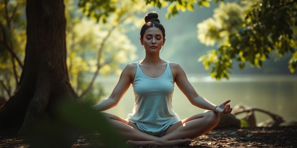 Person meditating peacefully outdoors, serene nature background.