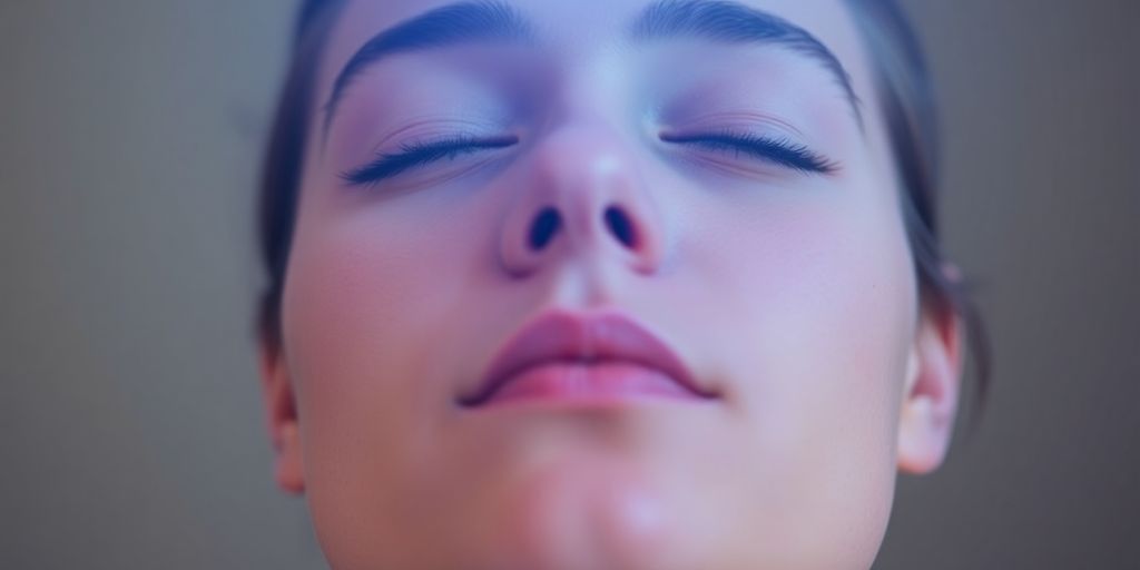 Person breathing deeply, looking serene.