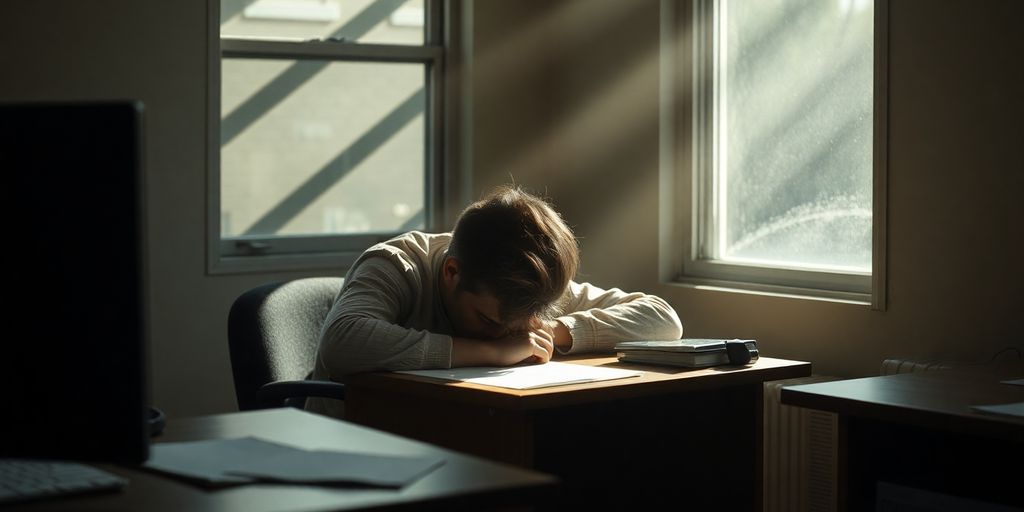 Person feeling drained at a desk.