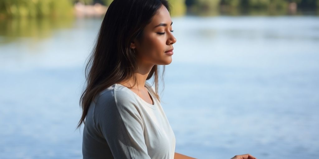 Person meditating peacefully outdoors.