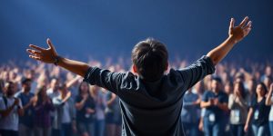 Person energetically gesturing towards a group.