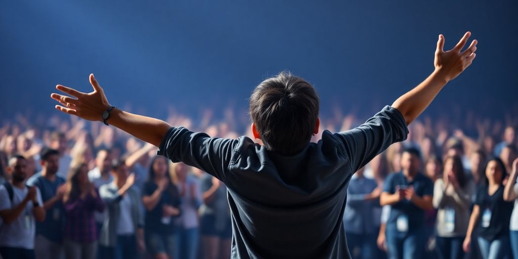 Person energetically gesturing towards a group.
