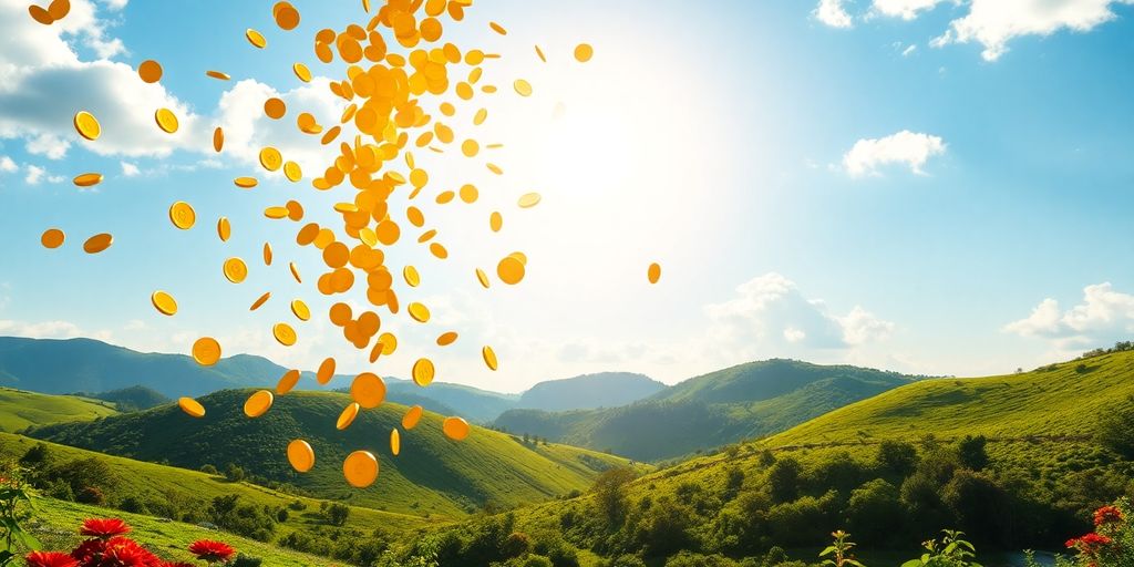 Golden coins raining down on a lush green landscape.