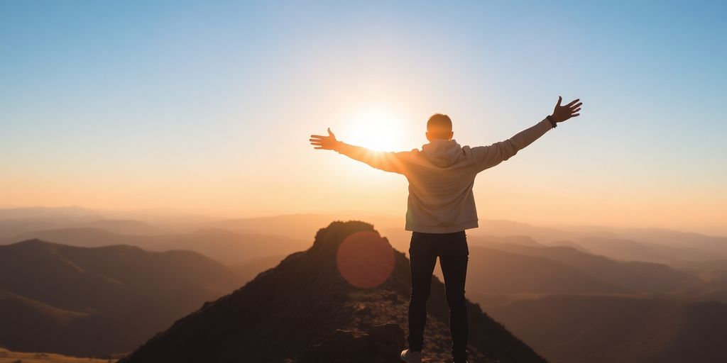 Person reaching summit, embracing sunrise and new beginnings.