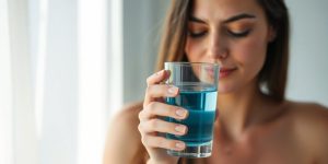 Woman drinking calming blue water, looking serene.