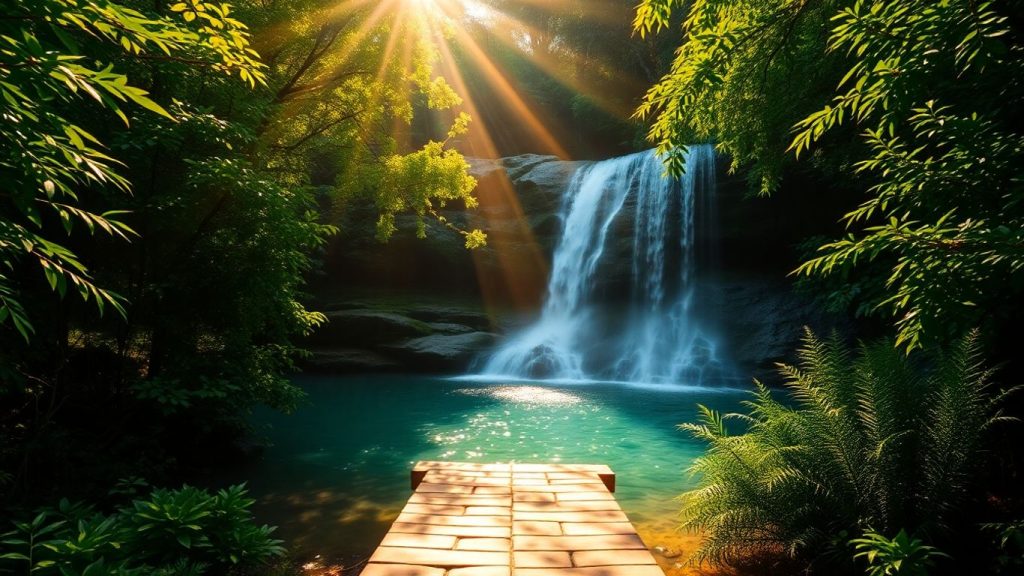 Sunlit path to waterfall, abundant nature