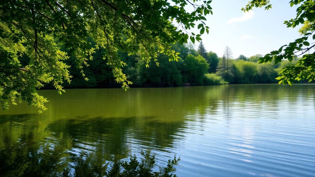 Calm water reflecting a serene natural landscape.