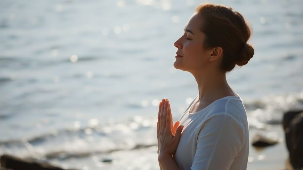 Person breathing deeply by the ocean
