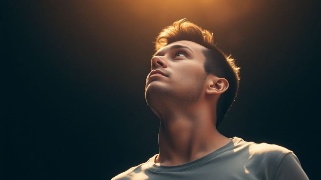 Person looking up with determination and inner drive.