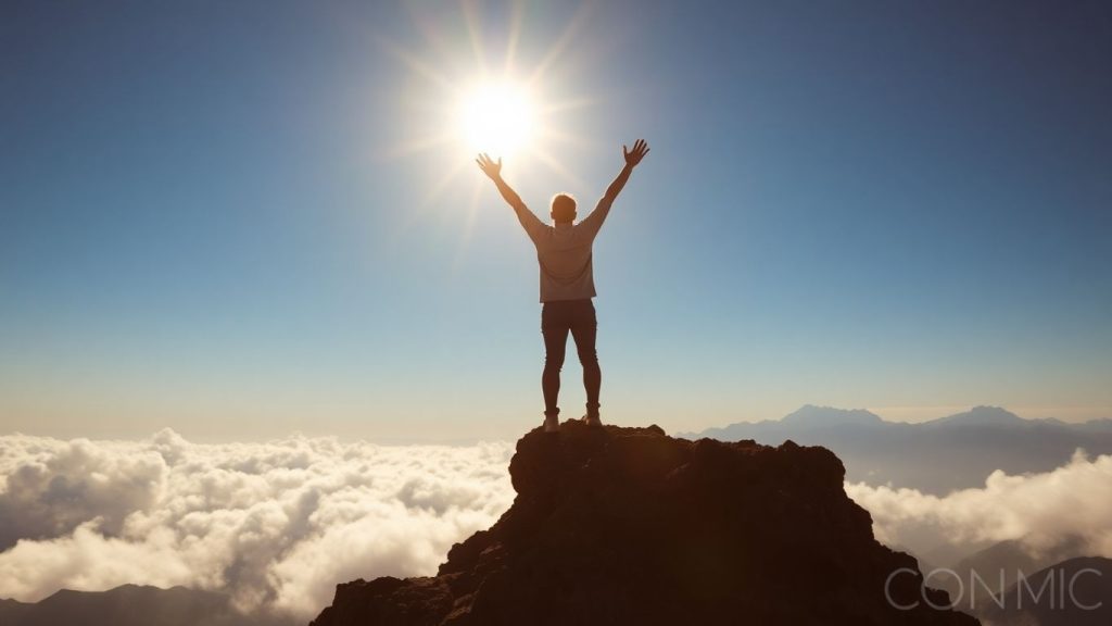 Person celebrating on a mountain peak at sunrise.