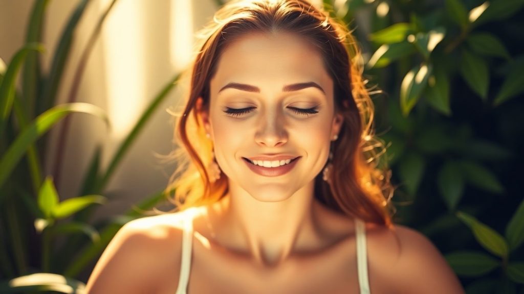 Woman in peaceful yoga pose surrounded by plants.