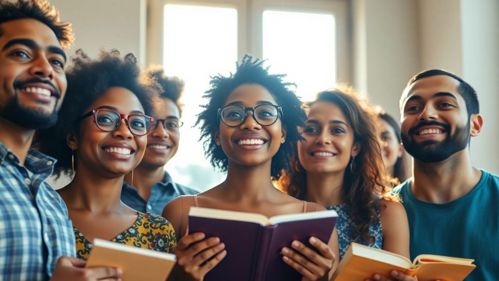 Inspiring people reading books with sunlight