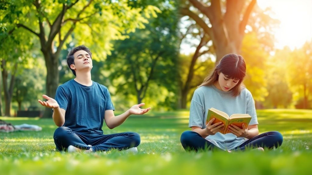Student meditating outdoors, student reading in park.