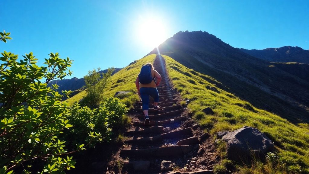 Person climbing mountain towards success