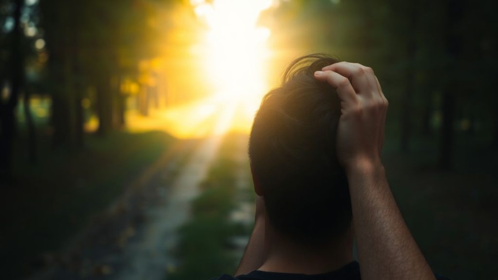 Person feeling stuck, looking towards a bright path.