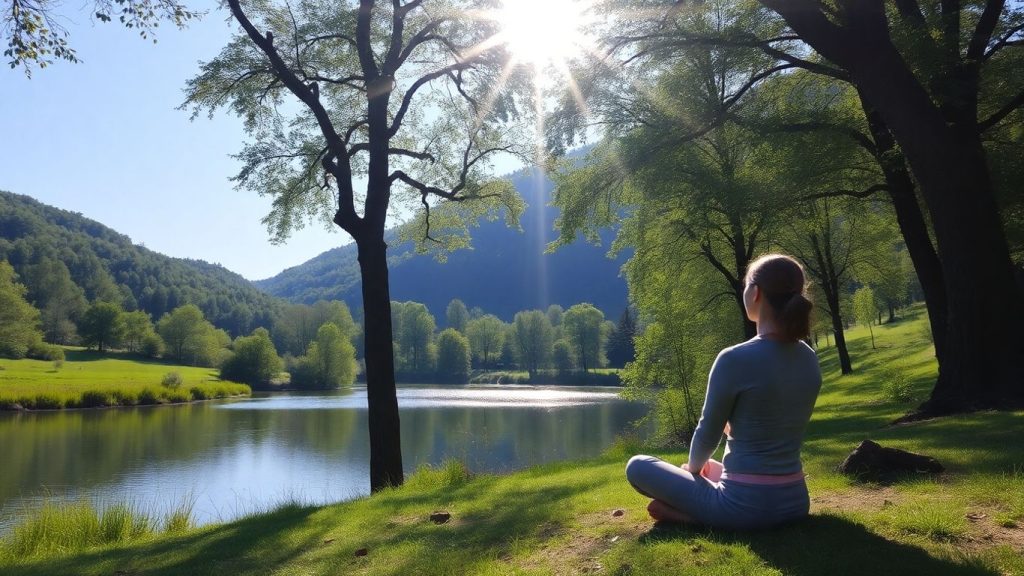 Person meditating peacefully in a serene natural setting.