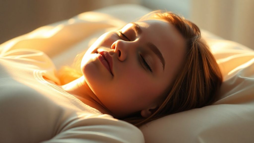 Person relaxing with eyes closed in soft, warm light.