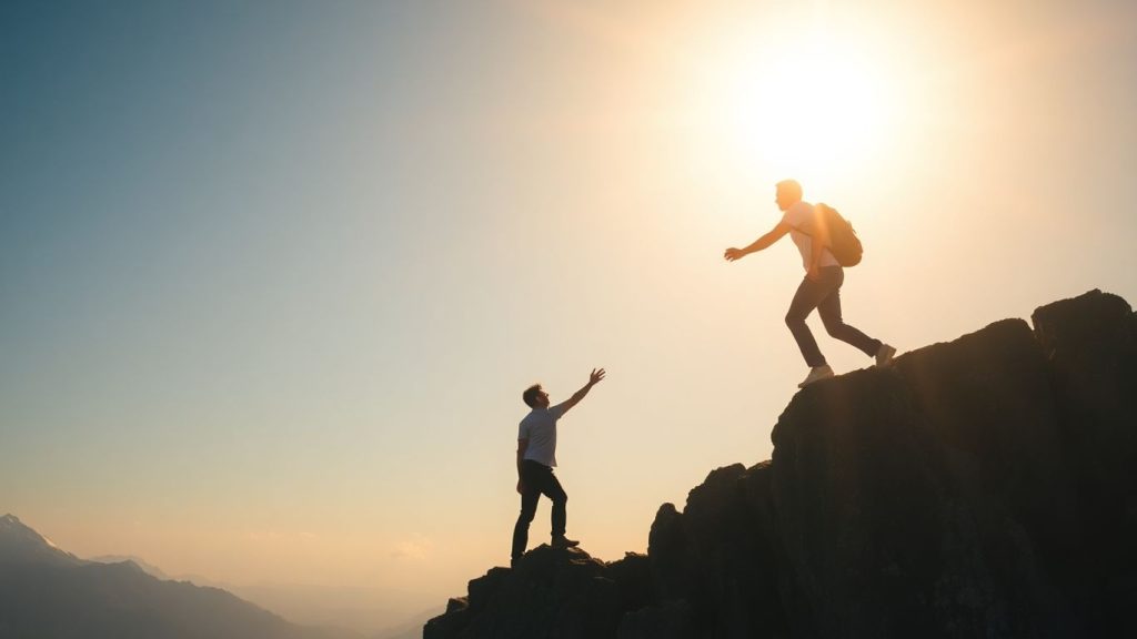 Person reaching mountain peak with helping hand