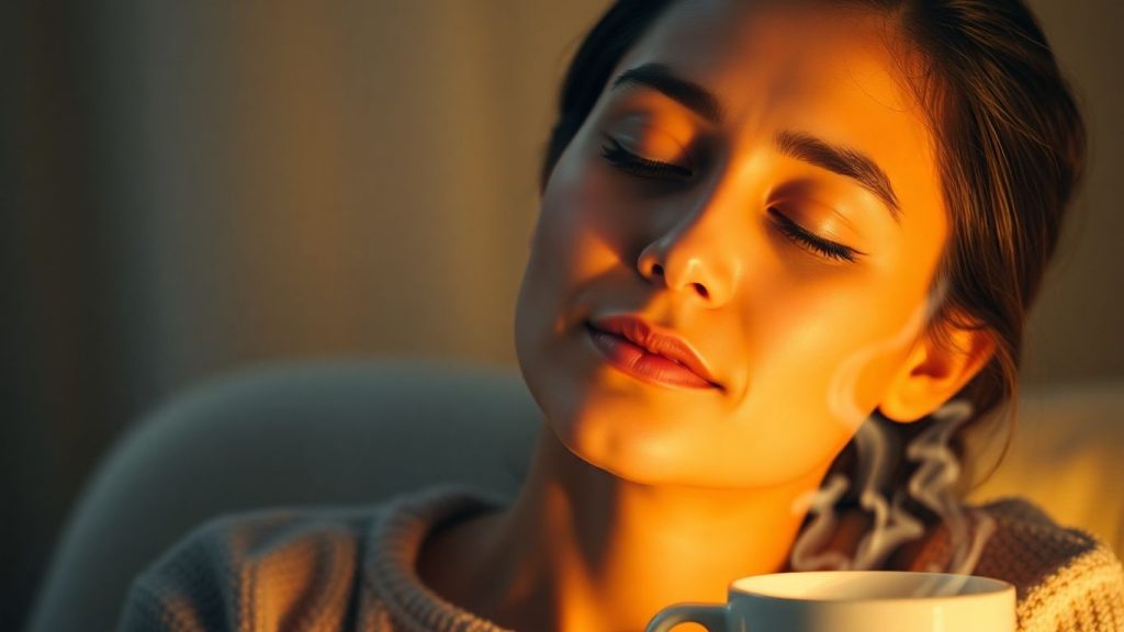 Person relaxing with eyes closed in warm light.