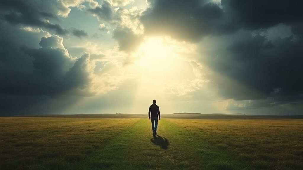 Person walking away from stress towards calm.