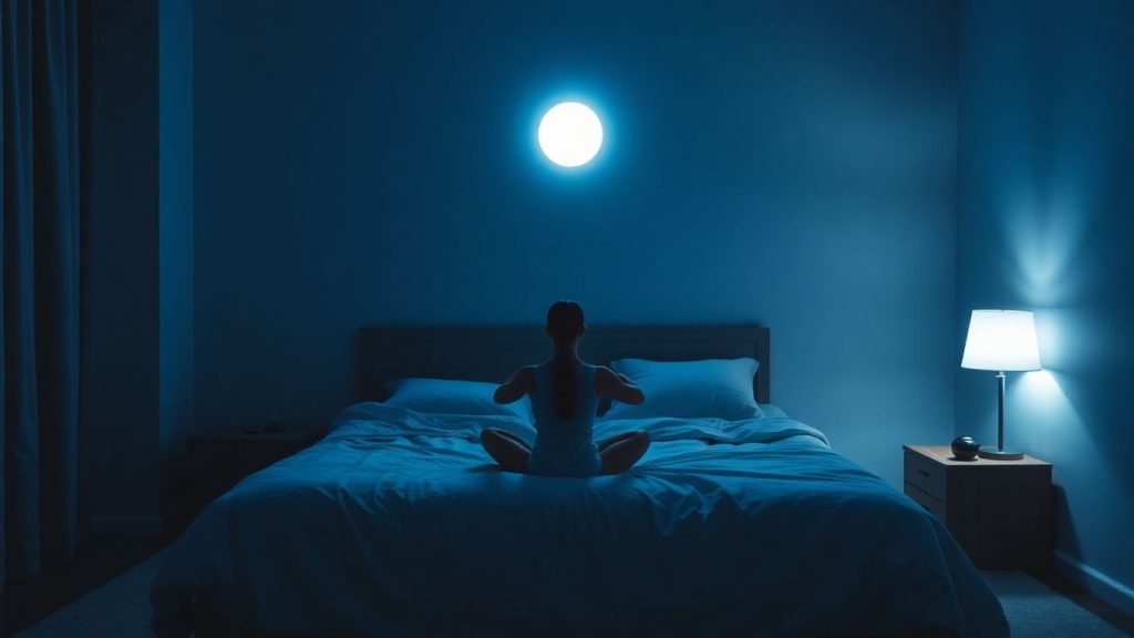 Person meditating in bed under soft moonlight